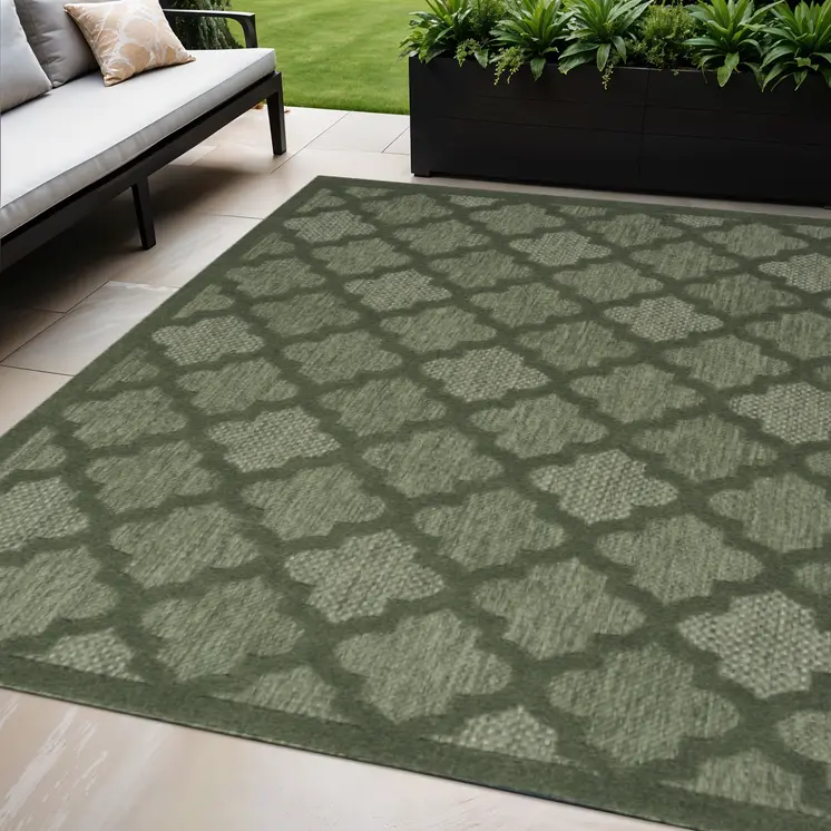 5' X 7' Dark Green And Light Green Trellis Indoor Outdoor Area Rug