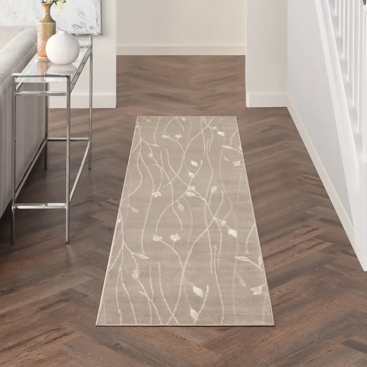 8' Beige And Ivory Floral Runner Rug
