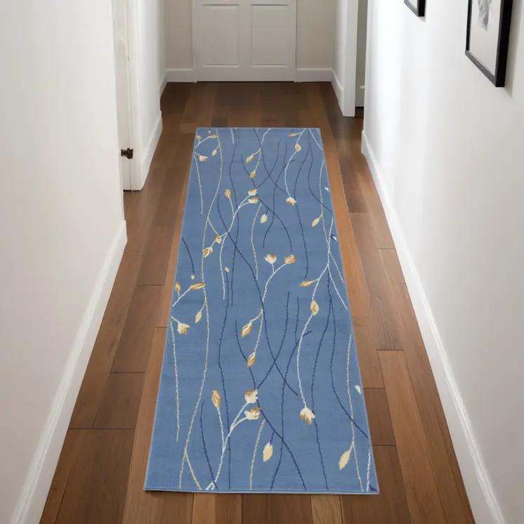 8' Blue And Beige Floral Runner Rug