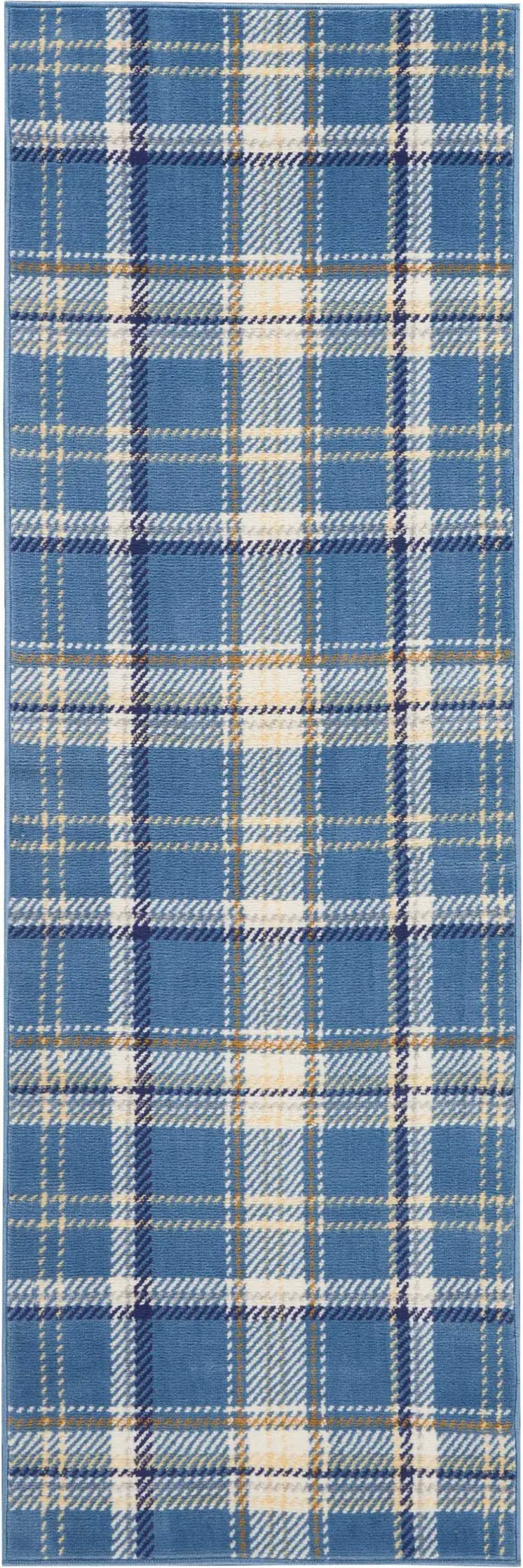 8' Blue And Beige Plaid Runner Rug