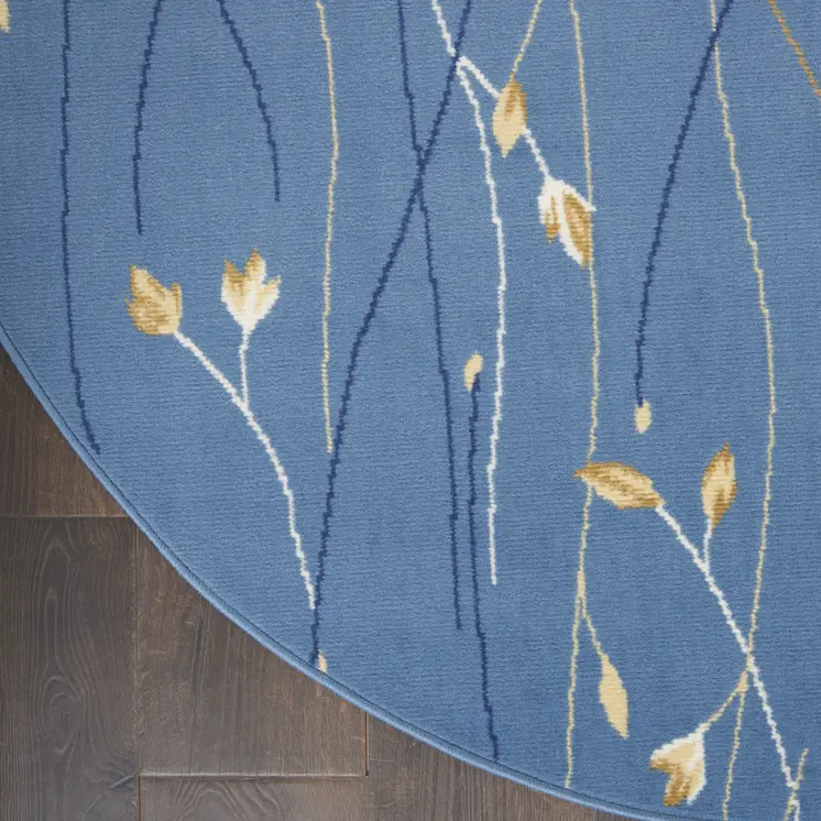 8' Blue and Beige Round Floral Power Loom Area Rug