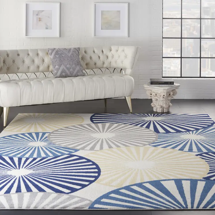 7' X 10' Beige and Blue Geometric Power Loom Area Rug