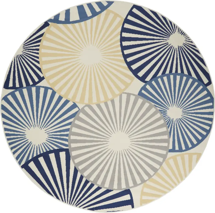 8' Blue and Ivory Round Geometric Power Loom Area Rug