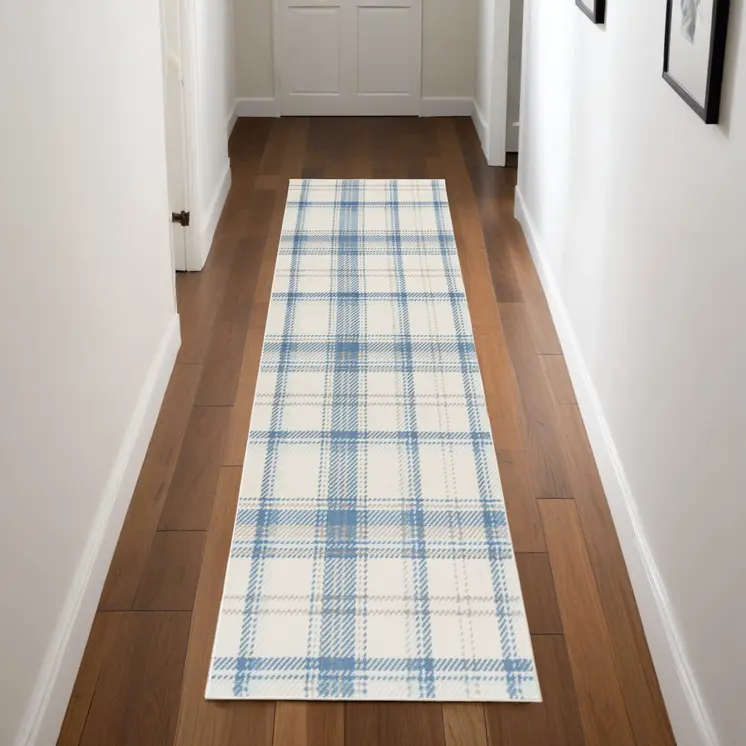 8' Blue And Ivory Plaid Runner Rug