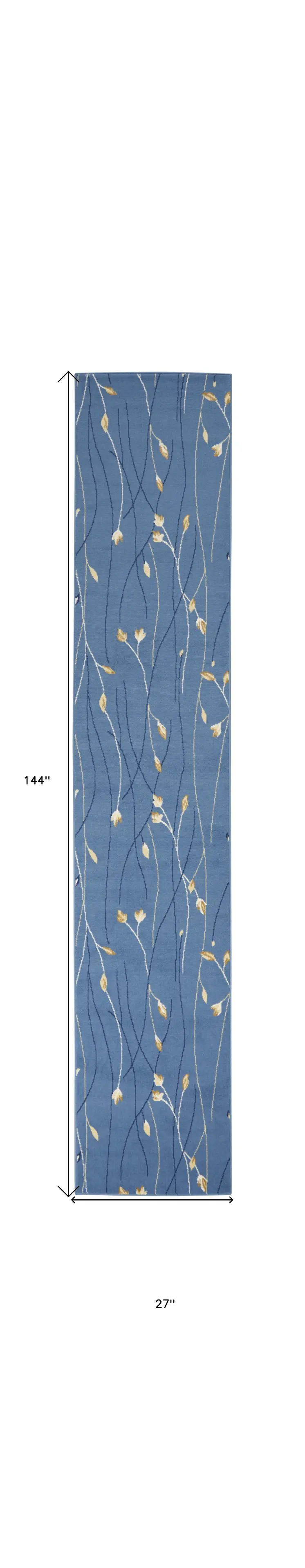 12' Blue And Ivory Floral Vines Runner Rug