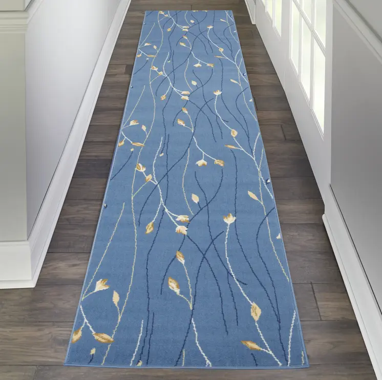 12' Blue And Ivory Floral Vines Runner Rug