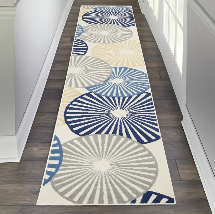 10' Ivory Blue And Gray Geometric Runner Rug