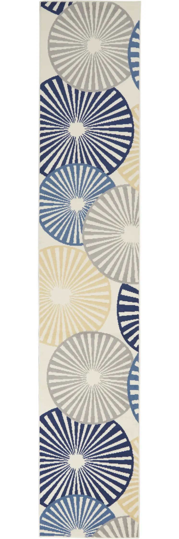 10' Ivory Blue And Gray Geometric Runner Rug