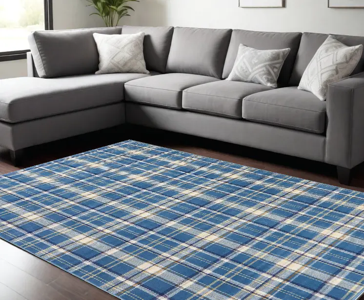 8' X 10' Blue and Beige Plaid Power Loom Area Rug