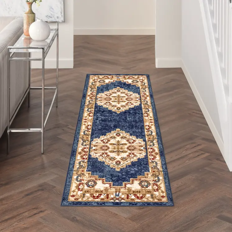 8' Blue And Gold Medallion Distressed Runner Rug