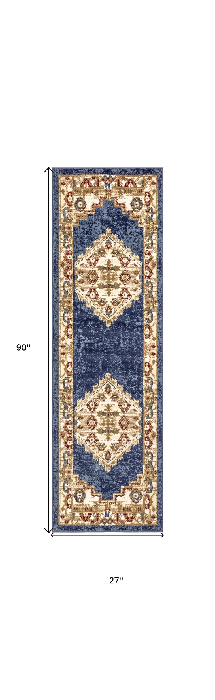 8' Blue And Gold Medallion Distressed Runner Rug