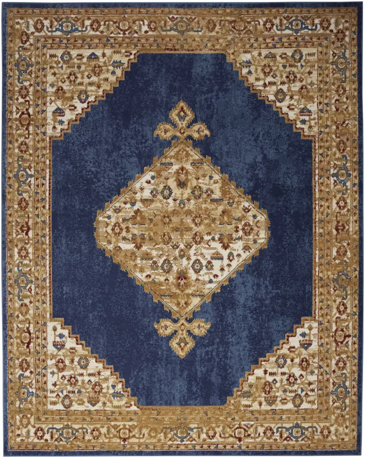 5' X 7' Blue and Gold Medallion Power Loom Distressed Area Rug