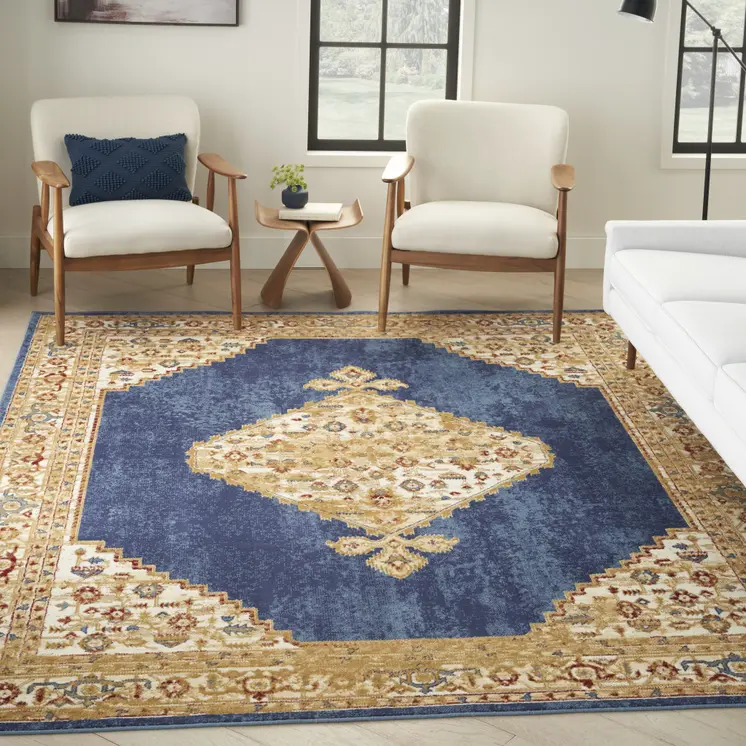 5' X 7' Blue and Gold Medallion Power Loom Distressed Area Rug