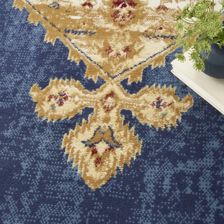 5' X 7' Blue and Gold Medallion Power Loom Distressed Area Rug