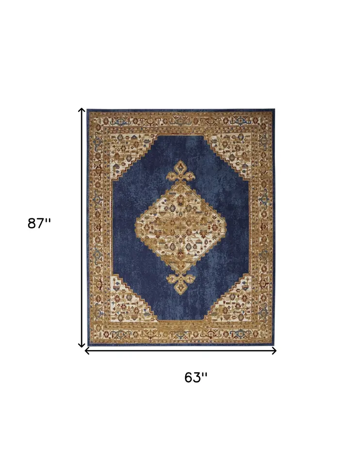 5' X 7' Blue and Gold Medallion Power Loom Distressed Area Rug