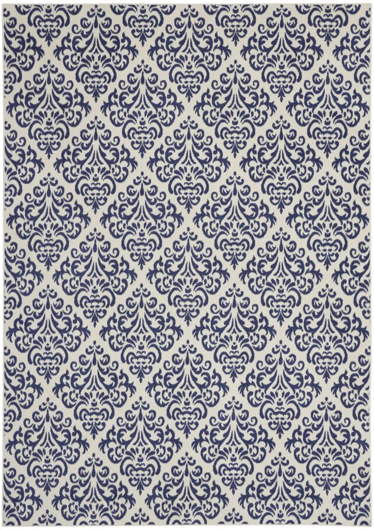 7' X 10' Blue and White Damask Power Loom Area Rug