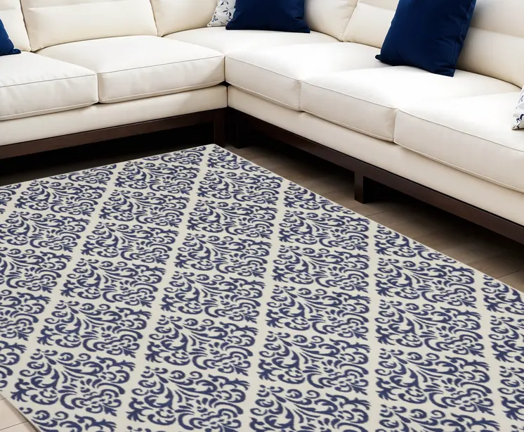 7' X 10' Blue and White Damask Power Loom Area Rug