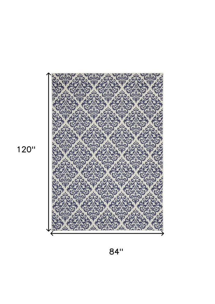 7' X 10' Blue and White Damask Power Loom Area Rug