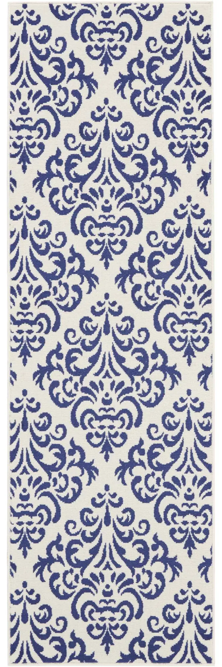 8' Blue And White Damask Runner Rug