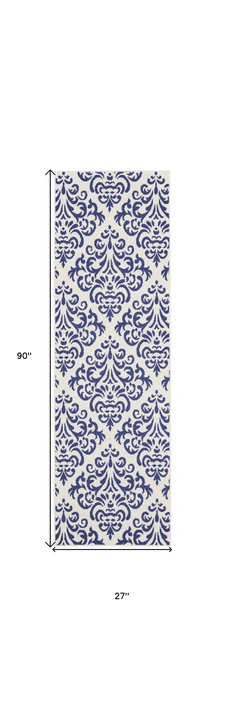 8' Blue And White Damask Runner Rug