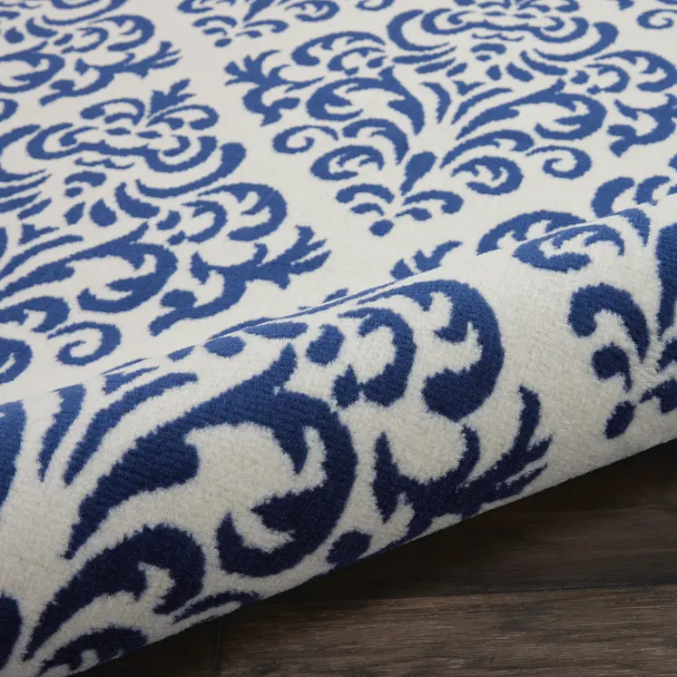 8' Blue And White Damask Runner Rug