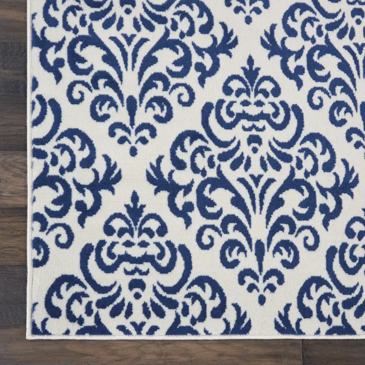 6' X 9' Blue and White Damask Power Loom Area Rug
