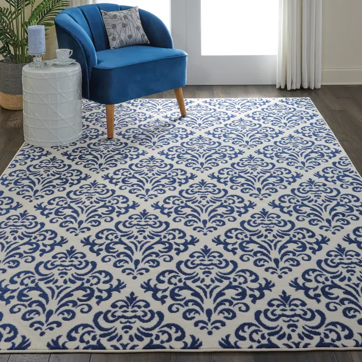 6' X 9' Blue and White Damask Power Loom Area Rug