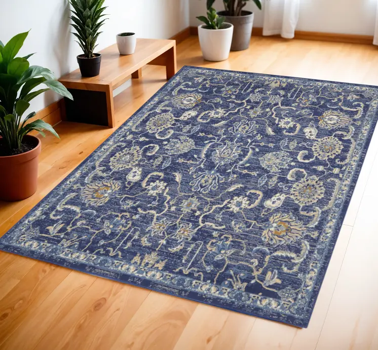 4' X 6' Blue and Beige Floral Power Loom Area Rug