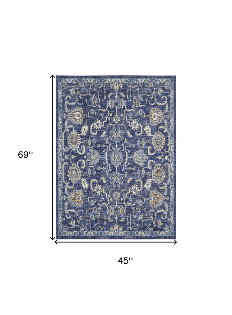 4' X 6' Blue and Beige Floral Power Loom Area Rug