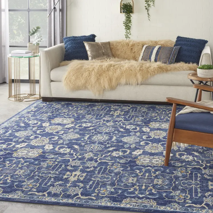 7' X 10' Blue and Beige Floral Power Loom Area Rug