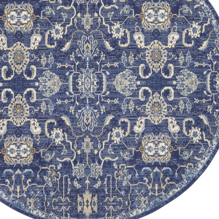 8' Blue and Beige Round Floral Power Loom Area Rug