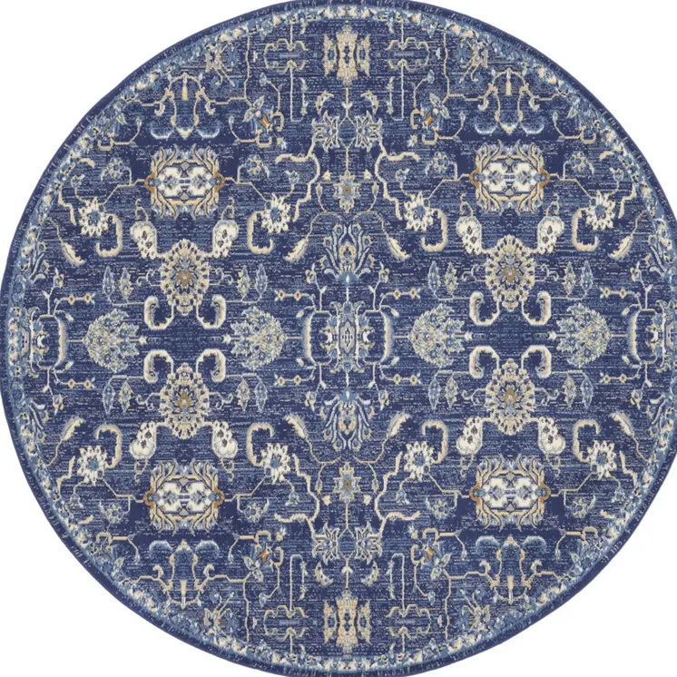 8' Blue and Beige Round Floral Power Loom Area Rug