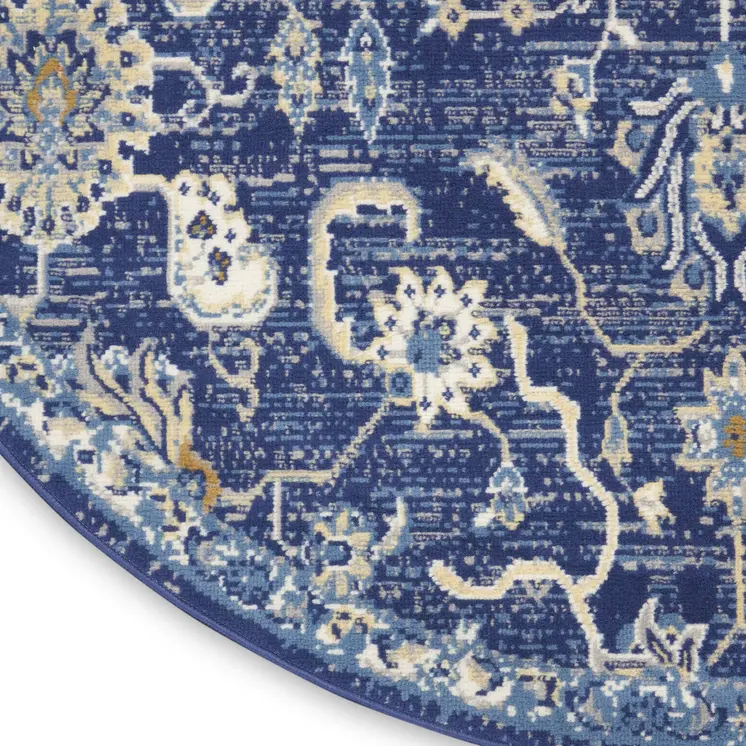 8' Blue and Beige Round Floral Power Loom Area Rug