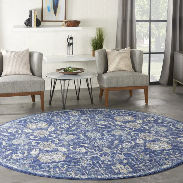8' Blue and Beige Round Floral Power Loom Area Rug