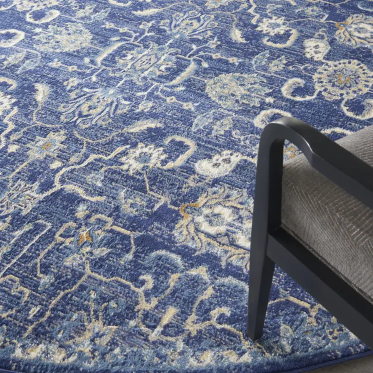 8' Blue and Beige Round Floral Power Loom Area Rug