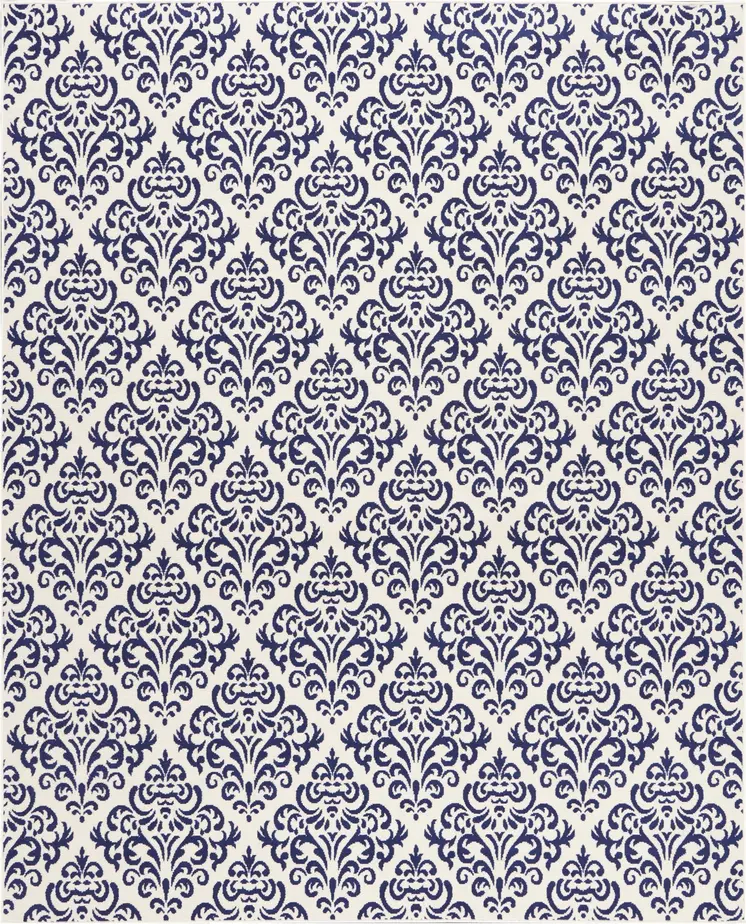 8' X 10' Blue and White Damask Power Loom Area Rug