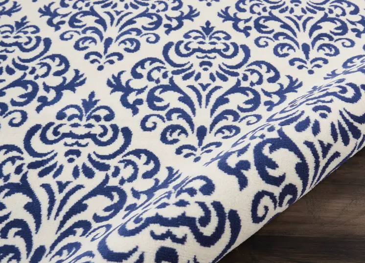 8' X 10' Blue and White Damask Power Loom Area Rug