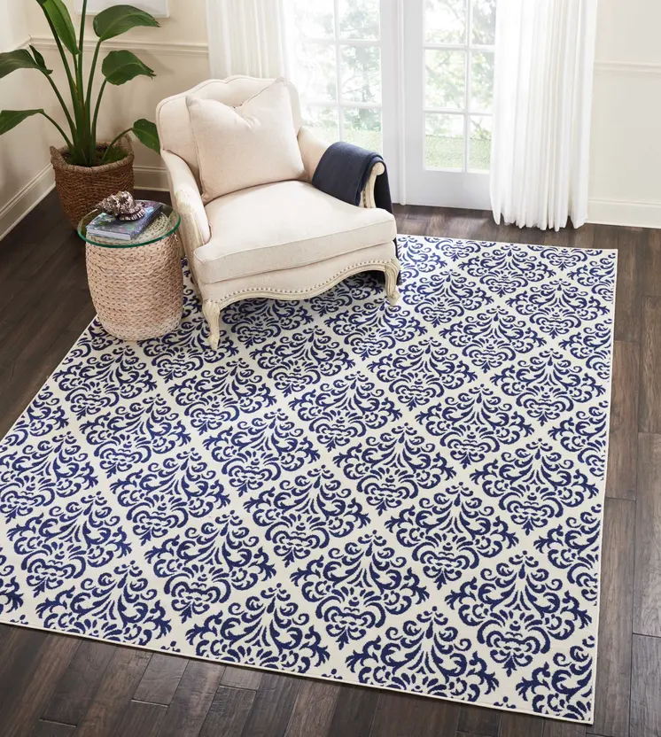 8' X 10' Blue and White Damask Power Loom Area Rug