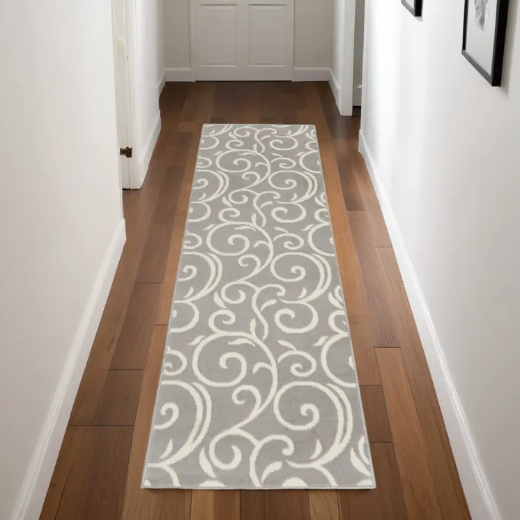 8' Gray Floral Runner Rug