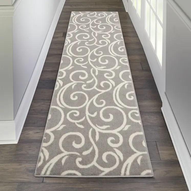 8' Gray Floral Runner Rug