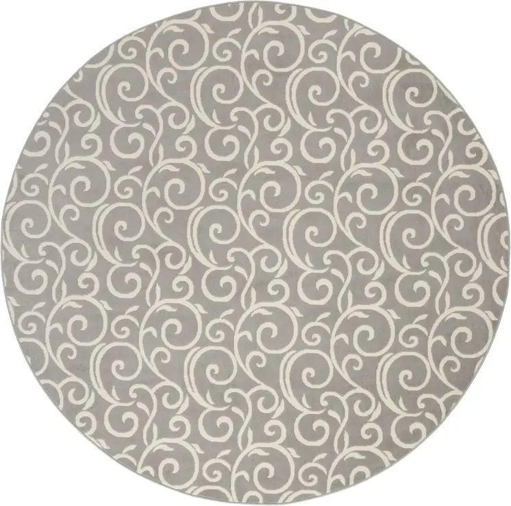 8' Gray and Ivory Round Floral Vines Power Loom Area Rug