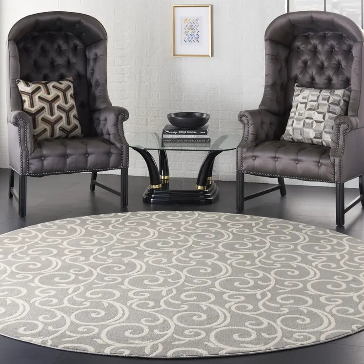 8' Gray and Ivory Round Floral Vines Power Loom Area Rug