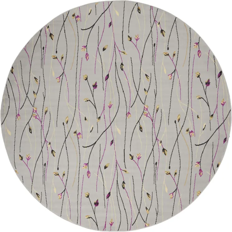 8' Gray and Pink Round Floral Power Loom Area Rug