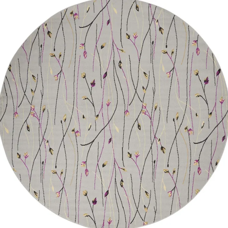 8' Gray and Pink Round Floral Power Loom Area Rug