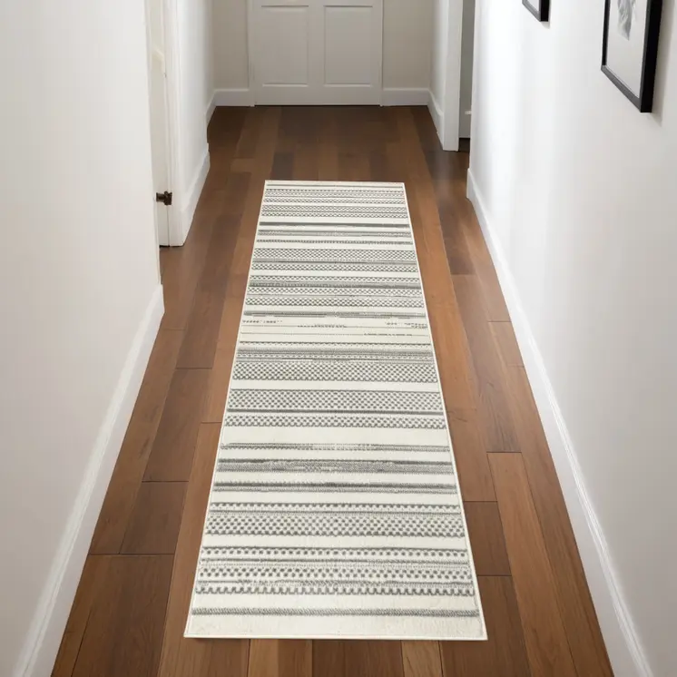8' Gray And Ivory Striped Distressed Runner Rug