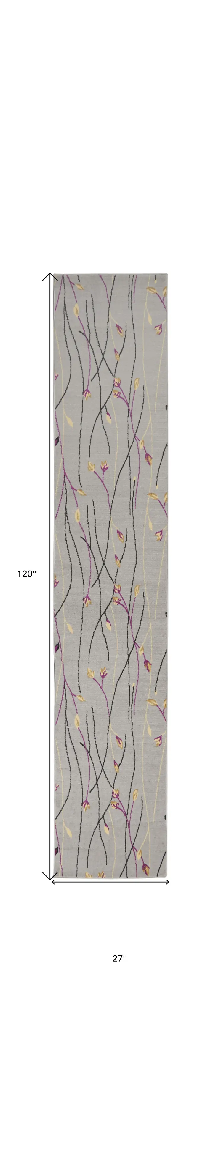 10' Gray Floral Vines Runner Rug
