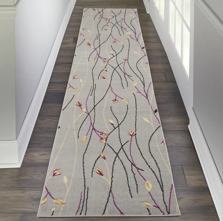 10' Gray Floral Vines Runner Rug
