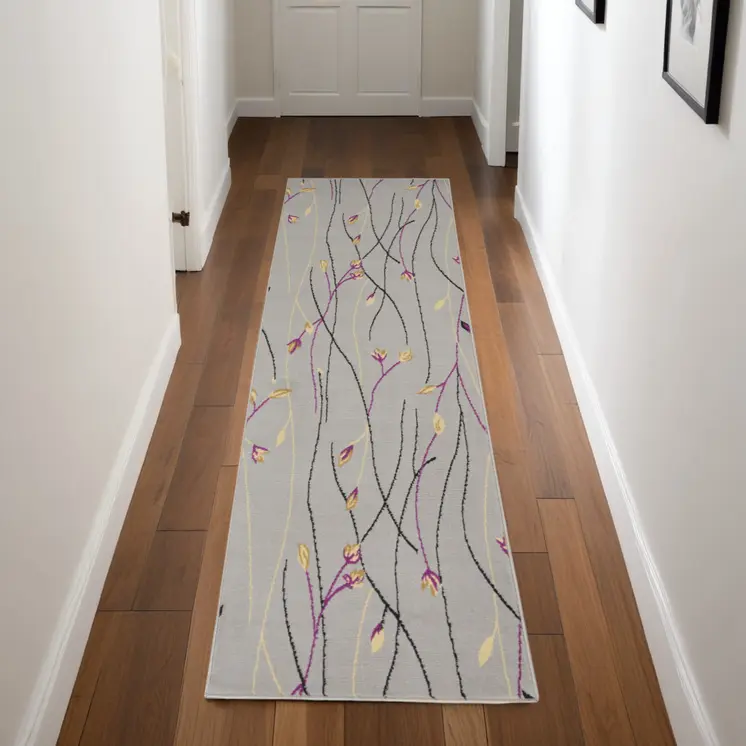 8' Gray And Pink Floral Runner Rug