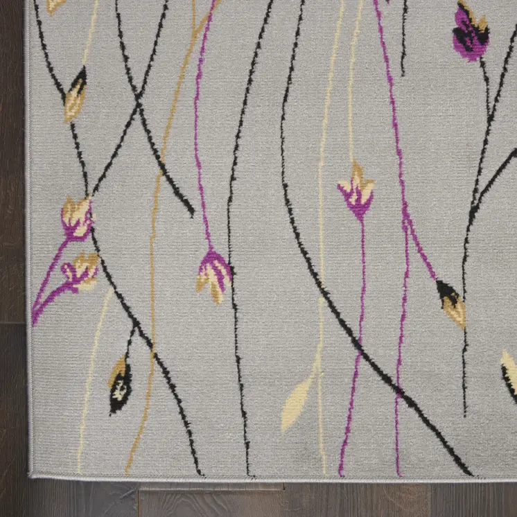 8' Gray And Pink Floral Runner Rug