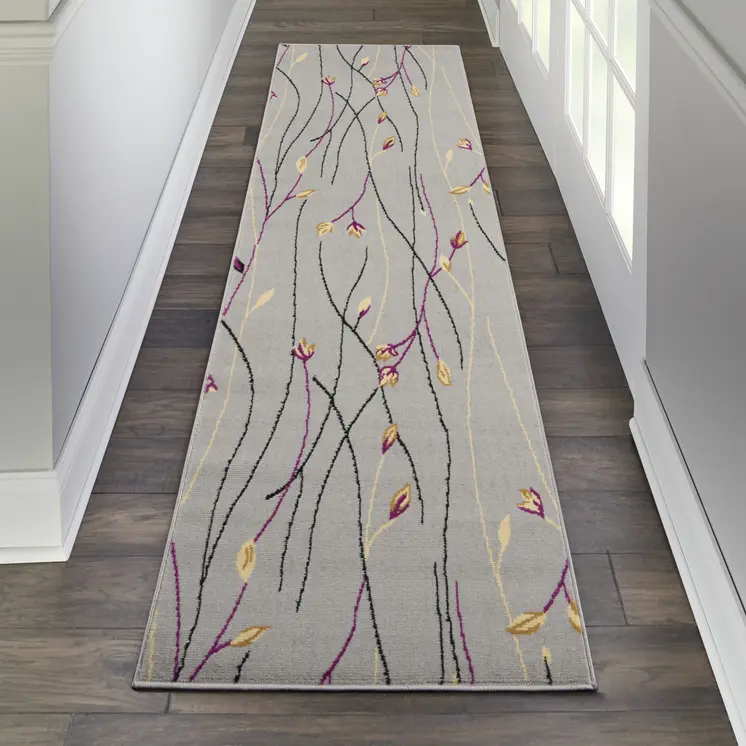 8' Gray And Pink Floral Runner Rug